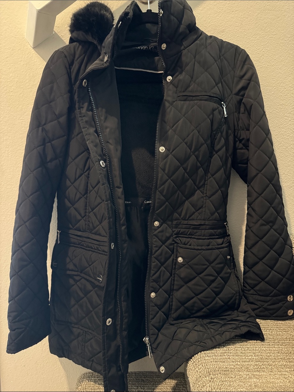Calvin Klein Black Quilted Puffer Coat with Faux Fur Trim